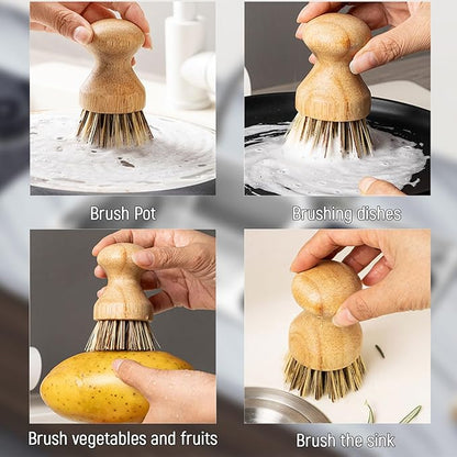 Natural Coconut Fiber Pot Scrubber Brushes with Quick-Dry Stand, Rubberwood Handle for Stubborn Pans & Kitchen Cleaning,2Pcs