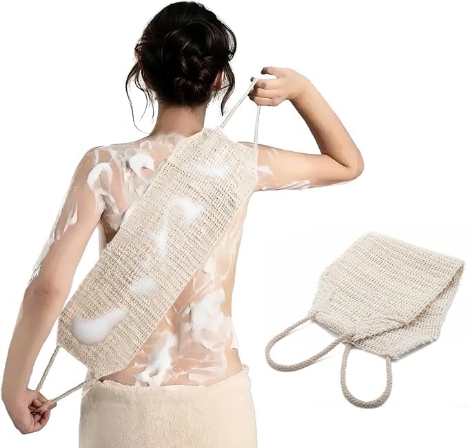 Natural Sisal & Ramie Exfoliating Back Scrubber for Shower with Handle - Deep Cleanse Back Scrubber, Scrub Spa Tool for Glowing Skin & Whole Body Care