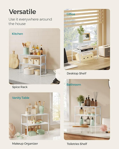 SONGMICS Cabinet Organizer Shelf, Set of 2 Kitchen Counter Shelves, Kitchen Storage, Spice Rack, Stackable, Expandable, Metal and Engineered Wood, Cloud White and Snow White UKCS025W01