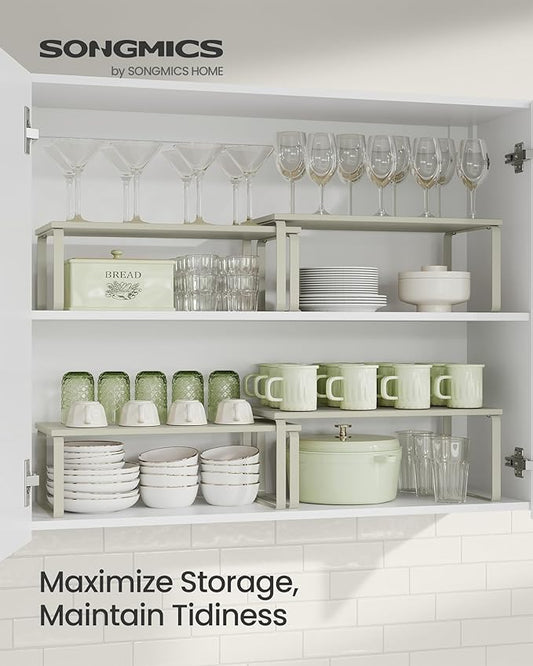 SONGMICS Cabinet Organizer Shelf, Set of 2 Kitchen Counter Shelves, Kitchen Storage, Spice Rack, Stackable, Expandable, Metal and Engineered Wood, Cappuccino Beige UKCS200K01