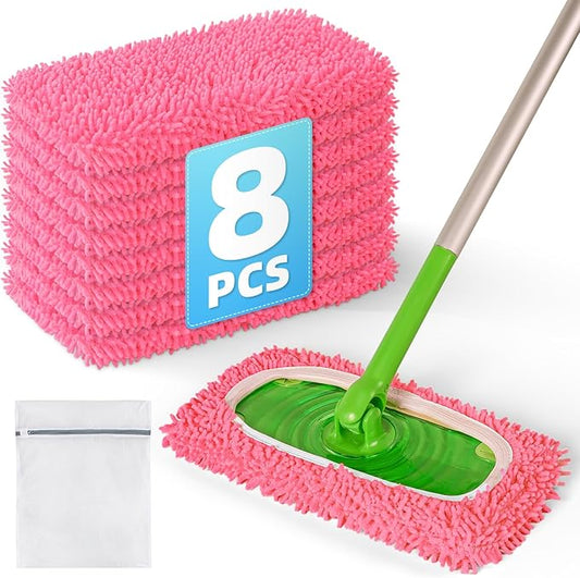 8 Pack Reusable Mop Pads Compatible with Swiffer Sweeper Mop, Wet and Dry Chenille Sweeping Cloths, Washable Pads Refill, Microfiber Pads for Multi-Surface/Hardwood Floor Cleaning (Pink)