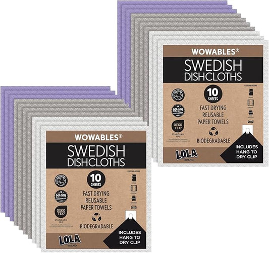 LOLA Swedish Dishcloths for Kitchen 20 Sheets, Biodegradable & Compostable Reusable Paper Towel Cleaning Cloths Zero Waste No Odor Washing Dishes Ultra Absorbent Cellulose Sponge Towel Made in Germany