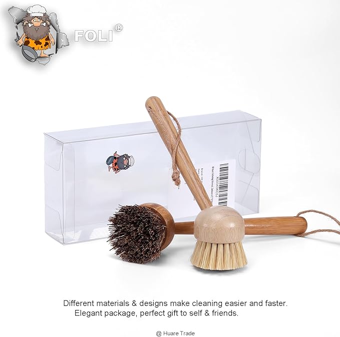 FOLI Bamboo Handle Dish Scrub Brushes - Wooden Cleaning Scrubbers with Stiff Bristles for Washing Kitchen Cast Iron Pan Pot (2PCS with Sisal & Palm Bristles, Long Handle)