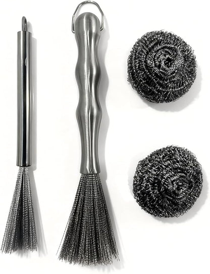 4-Piece Stainless Steel Deep Cleaning Brush Set with Steel Wool Scrubbers, Rust-Resistant Kitchen Brush for Pots, Pans, Plates, and Bowls, Durable One-Piece Handle, Dishwasher Safe