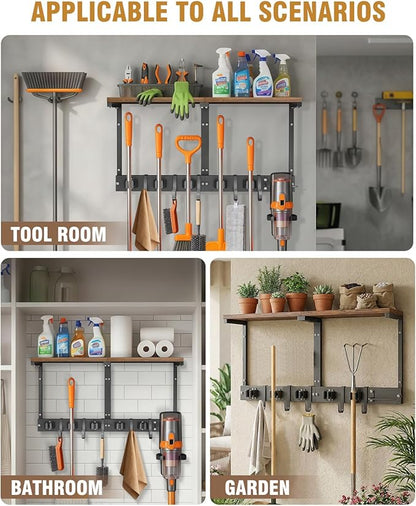Broom Holder Wall Mount with Top Wooden Shelf, Heavy Duty Metal Cleaning Supplies Broom Hanger with Vacuum Organizer and 5 Slots & 5 Hooks for Garage Tool Storage Laundry Kitchen (Large)