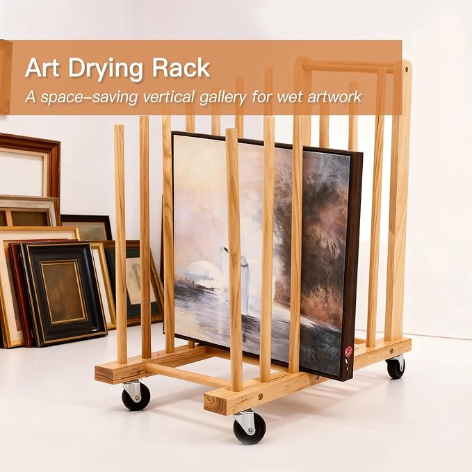 Art Storage Rack with Caster Wheels, Art Drying Rack, Wooden Canvas Storage, Painting Rack, Canvas Organizer Drying Rack for Studios, Artworks, Gallery Art Rack for Display of Canvas, Prints, Panels