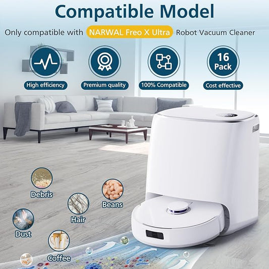 Accessories Replacement for Narwal Freo X Ultra Robot Vacuum, 16 Vacuum Accessories Set, 1 Main Brush, 2 Hepa Filter, 2 Dust Bags, 4 Mop Pads, 6 Side Brushes, 1 Cleaning Brush