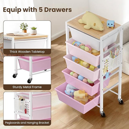 Rolling Cart with 5 Drawers, Plastic Drawer Storage Carts with Wheels & Wooden Tabletop, Metal Utility Cart with Pegboards, Office Living Room Classroom Craft Organization and Storage, Bright Pink