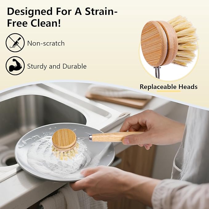 5 Pack Bamboo Dish Brush Set, Wooden Dish Brush with 14’’ Bottle Brush, Natural Kitchen Scrub Brush for Dishes Pots, Pans, Sinks, Woks, Vegetables