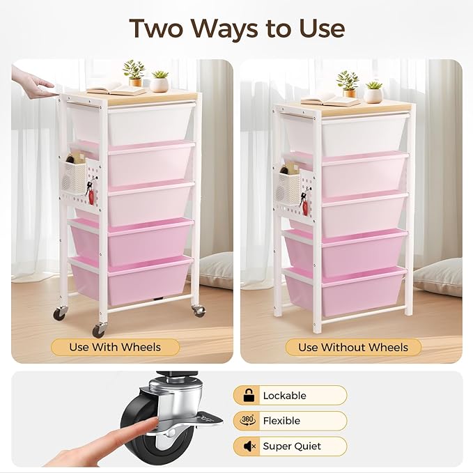 Rolling Cart with 5 Drawers, Plastic Drawer Storage Carts with Wheels & Wooden Tabletop, Metal Utility Cart with Pegboards, Office Living Room Classroom Craft Organization and Storage, Bright Pink
