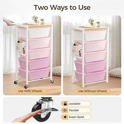 Rolling Cart with 5 Drawers, Plastic Drawer Storage Carts with Wheels & Wooden Tabletop, Metal Utility Cart with Pegboards, Office Living Room Classroom Craft Organization and Storage, Bright Pink