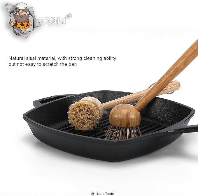 FOLI Bamboo Handle Dish Scrub Brushes - Wooden Cleaning Scrubbers with Stiff Bristles for Washing Kitchen Cast Iron Pan Pot (2PCS with Sisal & Palm Bristles, Long Handle)