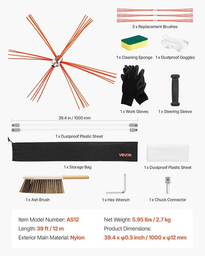 VEVOR Chimney Sweep Kit, 39 ft Maximum Extendable Length Chimney Sweep, Chimneys Cleaning Kit with Bristle Replacements & Goggles, 90° Bendable Fireplace Cleaning Tool, for Square, Rectangle Chimneys