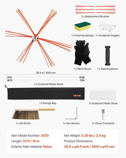 VEVOR Chimney Sweep Kit, 33 ft Maximum Extendable Length Chimney Brush, Chimneys Cleaning Kit with Bristle Replacements & Goggles, 90° Bendable Fireplace Cleaning Tool, for Square, Rectangle Chimneys