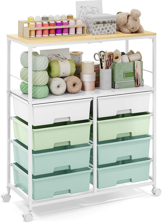 Rolling cart with 8 drawers,Storage drawer cart with wooden tabletop,Lockable wheels organizer for homeschool, arts & crafts, classroom, office & creative spaces (Green)