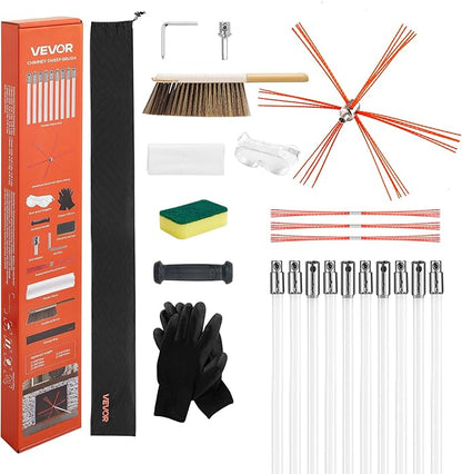 VEVOR Chimney Sweep Kit, 33 ft Maximum Extendable Length Chimney Brush, Chimneys Cleaning Kit with Bristle Replacements & Goggles, 90° Bendable Fireplace Cleaning Tool, for Square, Rectangle Chimneys