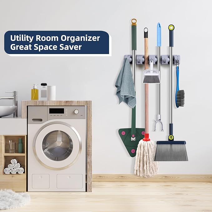 Mop And Broom Holder Wall Mount Cleaning Supplies Organizer For Closet Laundry Room Garden Tool Hangers For Garage Wall Hanging Rack Utility Shop Organization And Storage