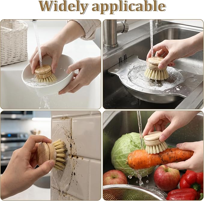 6 Pcs Bamboo Dish Brush Replacement Heads, 1.9 x 1.6 Inch Natural Sisal Bristle Scrubber Wooden Kitchen Dish Brushes for Pots, Pans, Bowls, Dishes Cleaning