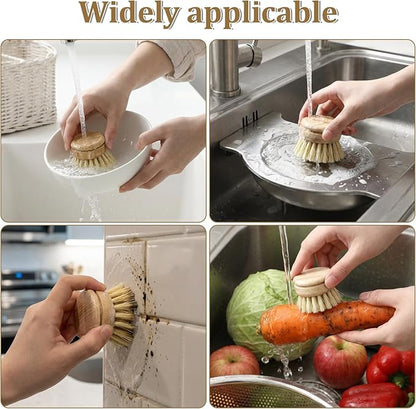 6 Pcs Bamboo Dish Brush Replacement Heads, 1.9 x 1.6 Inch Natural Sisal Bristle Scrubber Wooden Kitchen Dish Brushes for Pots, Pans, Bowls, Dishes Cleaning