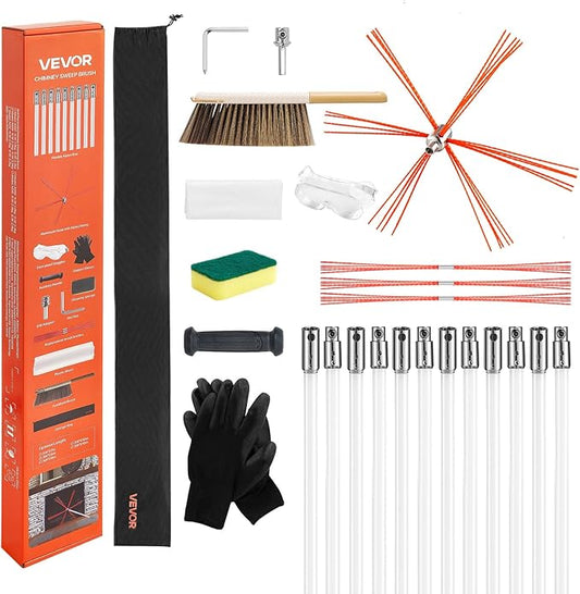 VEVOR Chimney Sweep Kit, 39 ft Maximum Extendable Length Chimney Sweep, Chimneys Cleaning Kit with Bristle Replacements & Goggles, 90° Bendable Fireplace Cleaning Tool, for Square, Rectangle Chimneys
