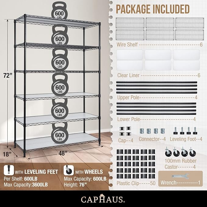 CAPHAUS NSF Heavy Duty Wire Shelving w/Wheels, Leveling Feet & Liners, Storage Metal Shelf, Garage Shelving Storage, Utility Wire Rack Storage Shelves, W/White Clear Liner, 48 x 18 x 76 6-Tier