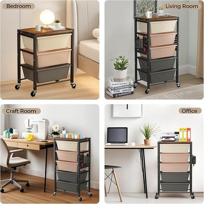 Rolling Cart with 5 Drawers, Plastic Drawer Storage Carts with Wheels & Wooden Tabletop, Metal Utility Cart with Pegboards, Office Living Room Classroom Craft Organization and Storage, Dark Brown