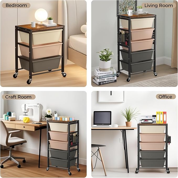 Rolling Cart with 3 Drawers, Plastic Drawer Storage Carts with Lockable Wheels & Wooden Tabletop, Metal Utility Cart Organizer, Office Bedroom Classroom Craft Organization and Storage, Dark Brown