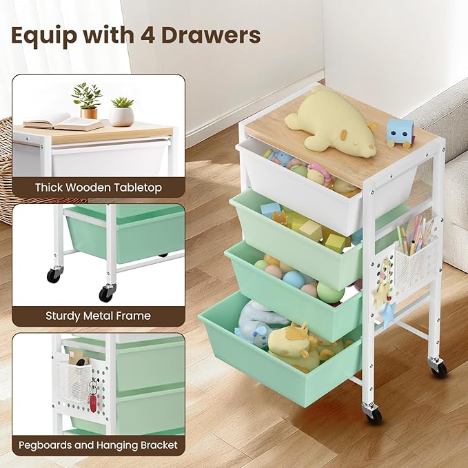 Rolling Cart with 4 Drawers, Plastic Drawer Storage Carts with Wheels & Wooden Tabletop, Metal Utility Cart with Pegboards, Office Living Room Classroom Craft Organization and Storage, Bright Green