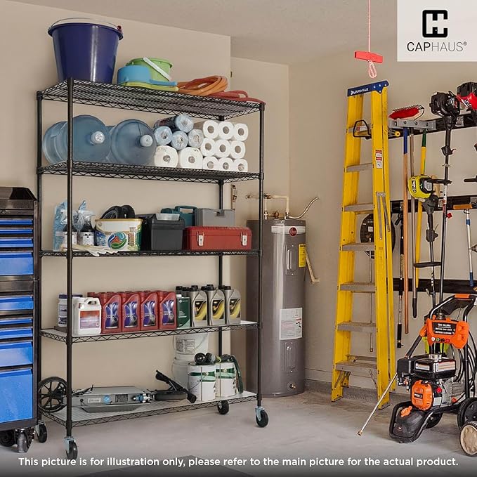 CAPHAUS NSF Commercial Grade Wire Shelving w/Wheels, Leveling Feet & Liners, Storage Metal Shelf, 48 x 18 x 76 4-Tier No Liner (RWW-CH48184HDW-BK@CH-CM)