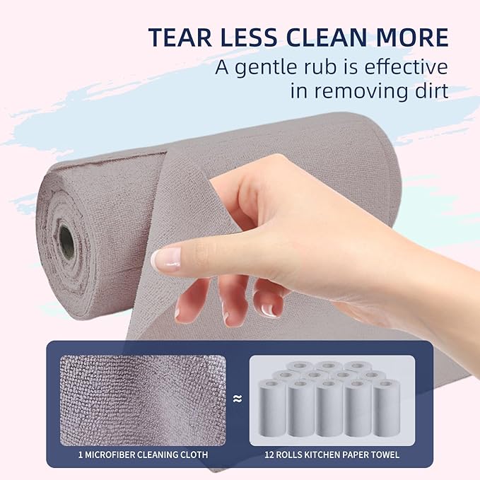& PLUSH Microfiber Cleaning Cloth Roll - 85 Pack, Tear Away Microfiber Towels, 12" x 12", Reusable, Washable, Streak Free, Ultra Absorbent Dish Rags for Car, Home, Garage or Shop (Grey)