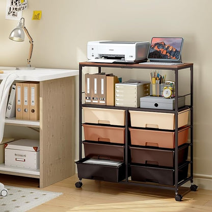 Rolling cart with 8 drawers,Storage drawer cart with wooden tabletop,Lockable wheels organizer for homeschool, arts & crafts, classroom, office & creative spaces (Brown)