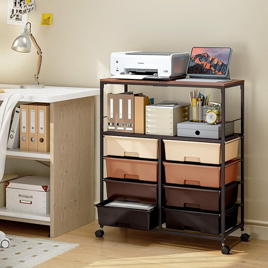 Rolling cart with 8 drawers,Storage drawer cart with wooden tabletop,Lockable wheels organizer for homeschool, arts & crafts, classroom, office & creative spaces (Brown)