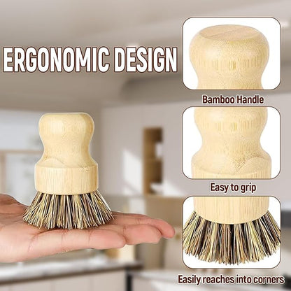 Natural Coconut Fiber Pot Scrubber Brushes with Quick-Dry Stand, Rubberwood Handle for Stubborn Pans & Kitchen Cleaning,2Pcs