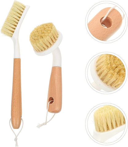 Multi-use Kitchen Dish Brush Set 2pcs with Wood Handle Tampico Bristle Pot Scrubber for Household Cleaning Portable Dish Brush and Pans