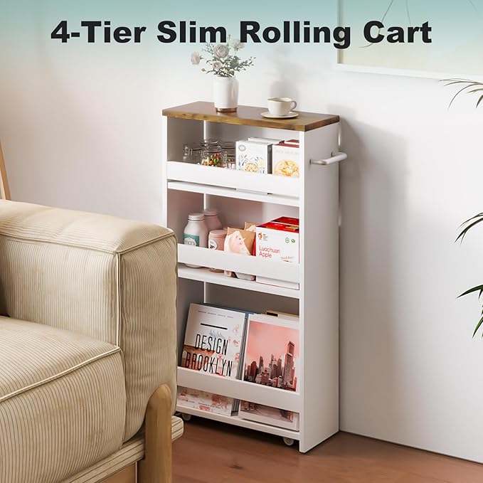 MARTY Rolling Storage Cart 4-Tier White Kitchen Cart with Wheels,Slim Storage Cart with Handle Slide Out Utility Cart Shelving Unit Organizer Trolley for Laundry Narrow Places Bathroom Small Corner
