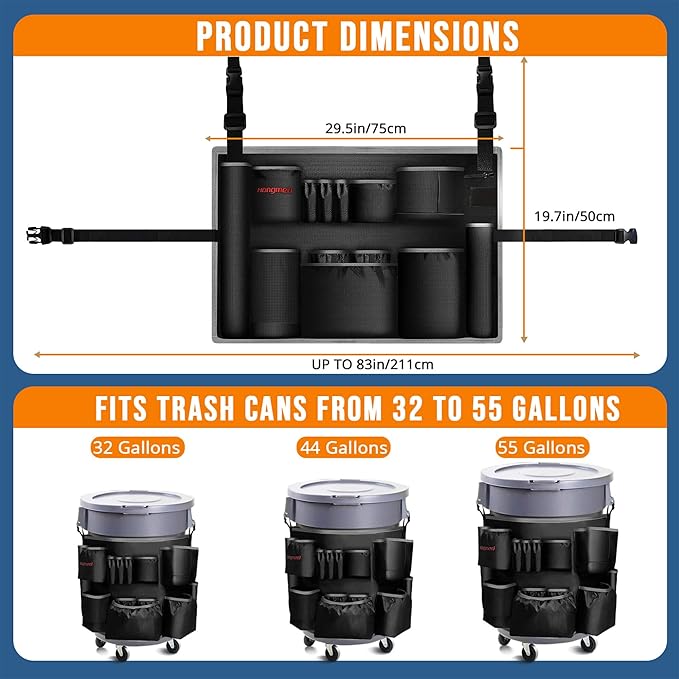 Trash Can Caddy Bag for 32-55 Gallon Garbage Bin, Hongmed Caddy for Commercial Cleaning Supplies, Multi-Pocket Utility Apron with Adjustable Straps, Heavy-Duty Nylon Organizer for Janitorial Duties