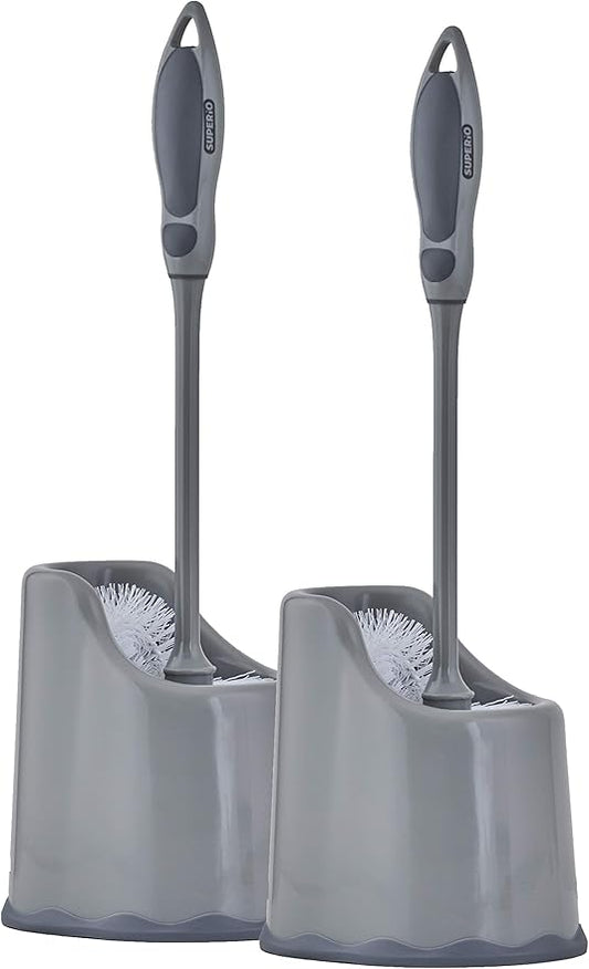 Superio Toilet Bowl Brush and Holder with Under Rim Cleaner for Bathroom, Toilet Brush and Caddy with Non Scratch Bristles and Under Rim Lip Brush, Grey (2 Pack)