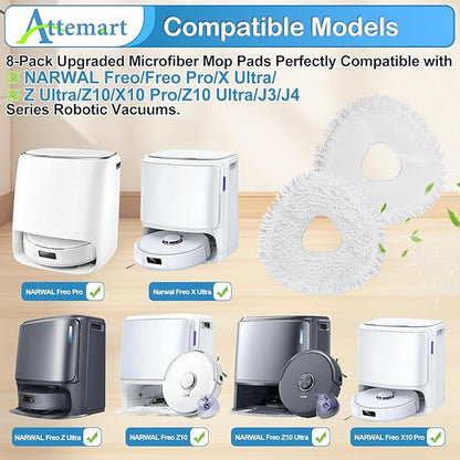 8 Pcs Z10 Mop Pads Compatible with Narwal Freo Pro/Z10 Ultra/X10 Pro/X Ultra/Z Ultra/J3/J4 Robot Vacuum Cleaner, Microfiber Washable Reusable Mopping Pads White