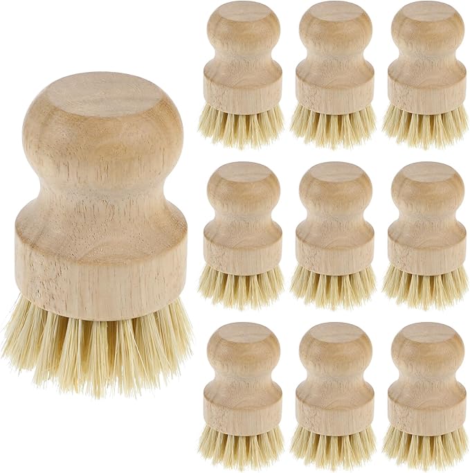 10 Pack Bamboo Dish Brush Set, Natural Dish Scrub Brush with Handle, Wooden Dish Scrubber for Kitchen Cleaning, Eco-Friendly Scrub Brush for Dishes, Pots, Pans, and Vegetables