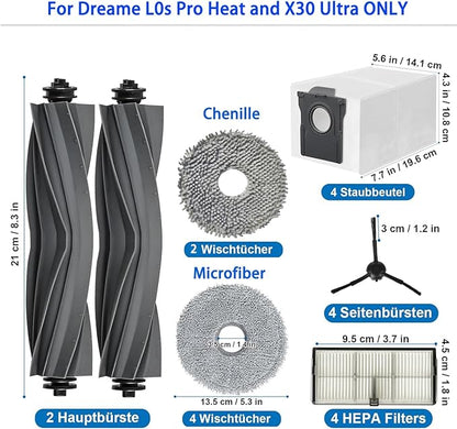 Accessories for Dreame L10s Ultra Heat and Gen 2 ONLY X30 Ultra Mova E30 mops/Wipes X6; dust Bag X4; Filter HEPA X4; Main Brushes X2; Side Brushes X4 Spare Parts