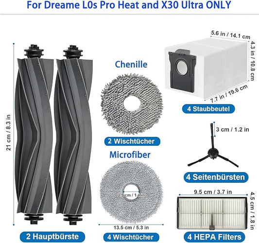Accessories for Dreame L10s Ultra Heat and Gen 2 ONLY X30 Ultra Mova E30 mops/Wipes X6; dust Bag X4; Filter HEPA X4; Main Brushes X2; Side Brushes X4 Spare Parts