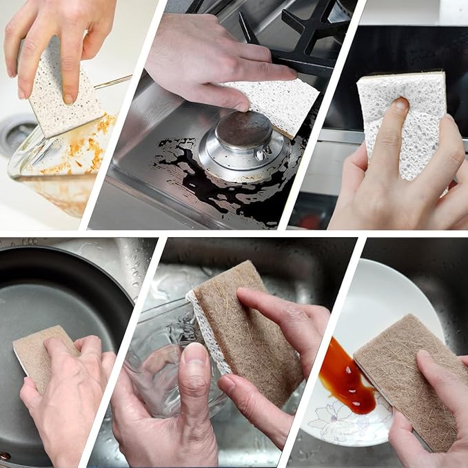 CELOX 24 Pack Coconut Fiber Biodegradable Sponges, Non Scratch Kitchen Cleaning Sponge, Eco-Friendly Dual-Sided Sponge for Dishwashing