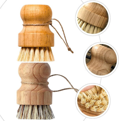 Multi-Function Dish Scrub Brush Wok Cleaning Brush 2pcs with Short Handles Natural Sisal Coconut Fiber Bristles Portable Kitchen Cleaning Accessories for Household Cookware