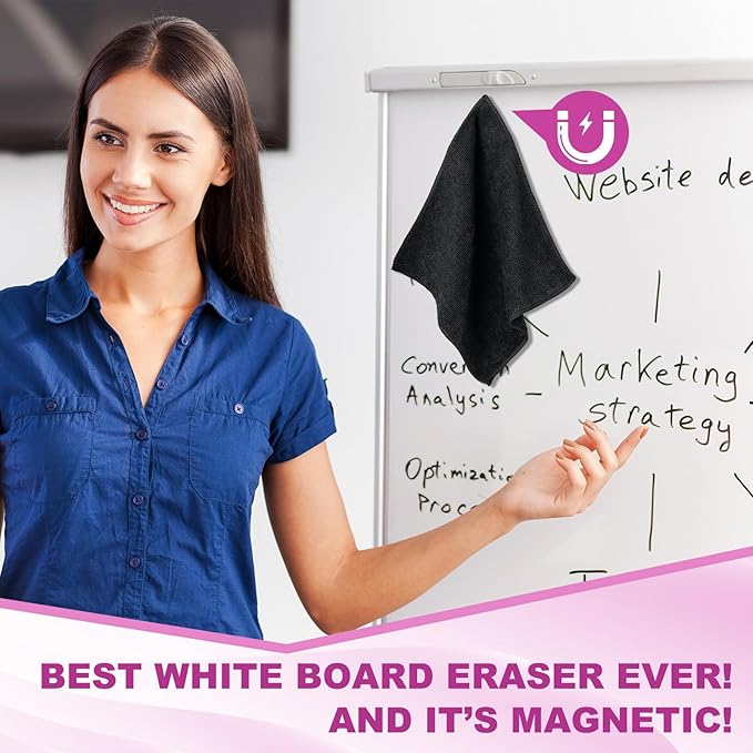 Tudomro 30 Pcs Magnetic Cleaning Cloth Dry Erasers Bulk for White Boards with Most Whiteboards Dry Eraser Reusable Microfiber Cloth Eraser, Home Office, 10'' x 10''(Black)