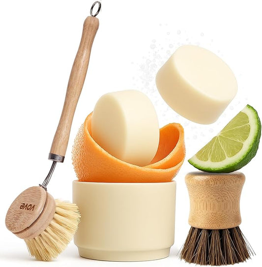 Vove Dish Soap Bundle, 2 Bars, 2 Bamboo & Sisal Scrub Brushes, 1 Ceramic Cup – Coastal Citrus Mint, Mandarin, Spearmint, Cypress & Bergamot Oils, Plant-Based Coconut Soap, FSC Bamboo, Plastic-Free Set