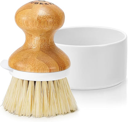 SUBEKYU Bamboo Dish Brush, Kitchen Dish Scrubber Brush with Soap Dispenser, Natural Wooden Dishwashing Brush for Cleaning Dishes/Pans/Pots, Built-in Scraper, Sisal Bristles,1 Set
