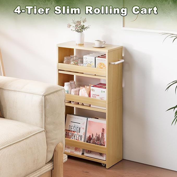 MARTY Rolling Storage Cart 7.9" W, 4-Tier Kitchen Cart with Wheels Handle, Slim Storage Cart Mobile Shelving Utility Carts for Bathroom Laundry Room Organization Narrow Places (Maple)
