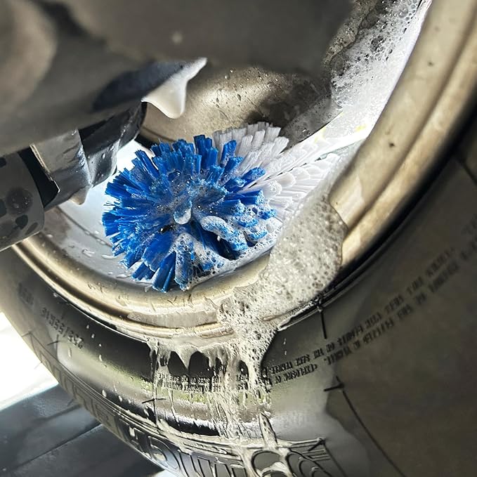 Wheel Brush Kit,Soft Drill Wheel Cleaner Brush, No Scratches Highly Dense Car Cleaning Brush Set for Wheels, Tire, Rims, Engines, Exhaust(Blue + White 3 Pk)