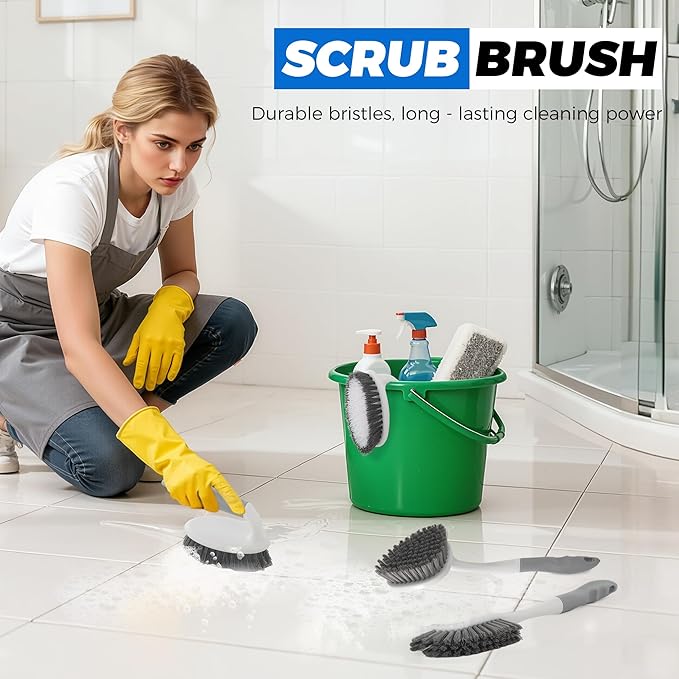 3 Pack Heavy Duty Scrub Brush Set for Household Use, Long Scrub Brush, Handheld Scrub Brush, and Crevice Brush with a Scraper Head for Cleaning Bathroom, Tile, Grout, Tub, Floor, Sink