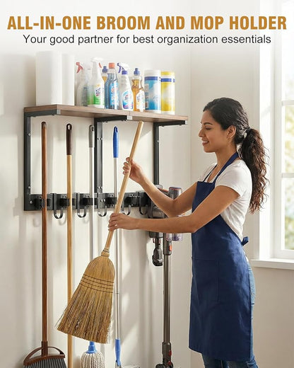 Broom Holder Wall Mount with Top Wooden Shelf, Heavy Duty Metal Cleaning Supplies Broom Hanger with Vacuum Organizer and 5 Slots & 5 Hooks for Garage Tool Storage Laundry Kitchen (Large)